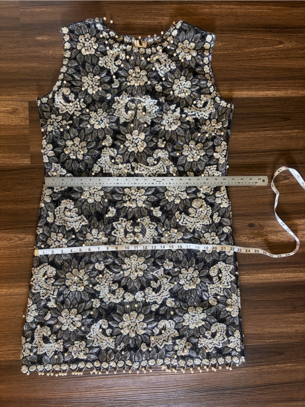 Vintage 60s Embellished Black Floral Beaded and pearls Shift Dress with slip - Picture 14 of 17